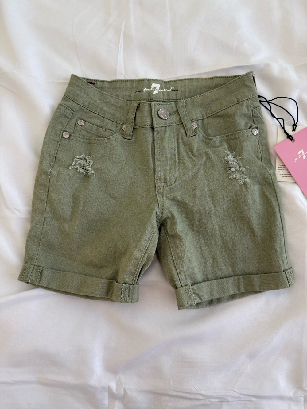 7 For All Mankind Olive Green Roll-Cuff Distressed Shorts